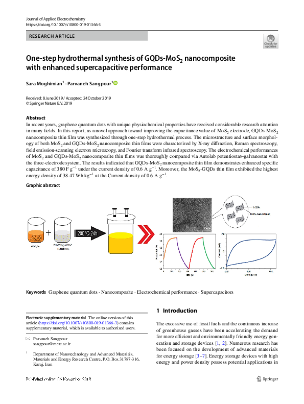 (PDF) One-step hydrothermal synthesis of GQDs-MoS2 nanocomposite with ...