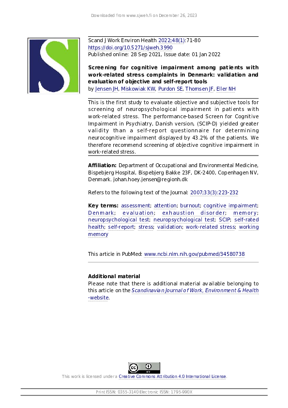(PDF) Screening for cognitive impairment among patients with work ...