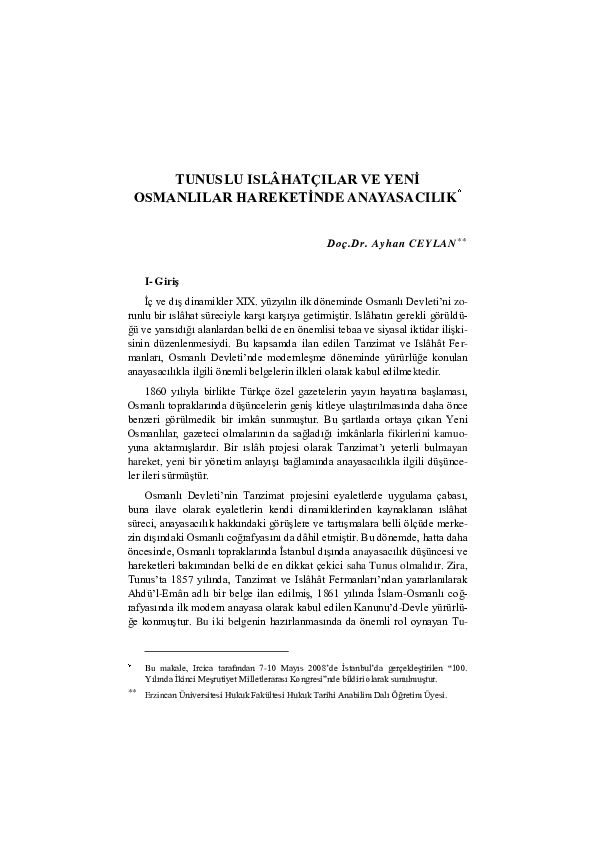 Tunuslu Islâhatçilar Ve Yeni̇ Osmanlilar Hareketi̇nde Anayasacilik