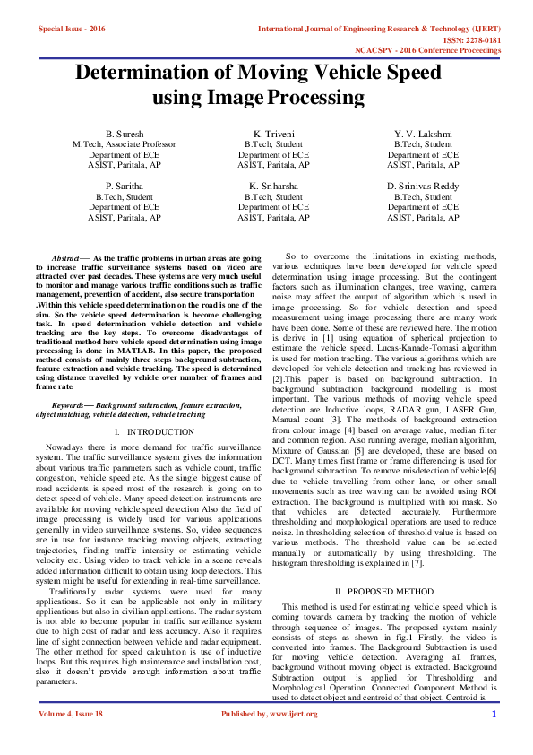 (PDF) Determination of Moving Vehicle Speed using Image Processing