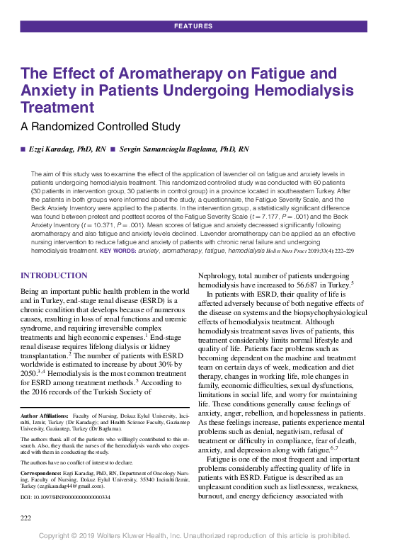 (PDF) The Effect of Aromatherapy on Fatigue and Anxiety in Patients ...