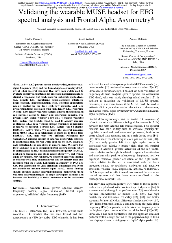 (PDF) Validating the wearable MUSE headset for EEG spectral analysis ...