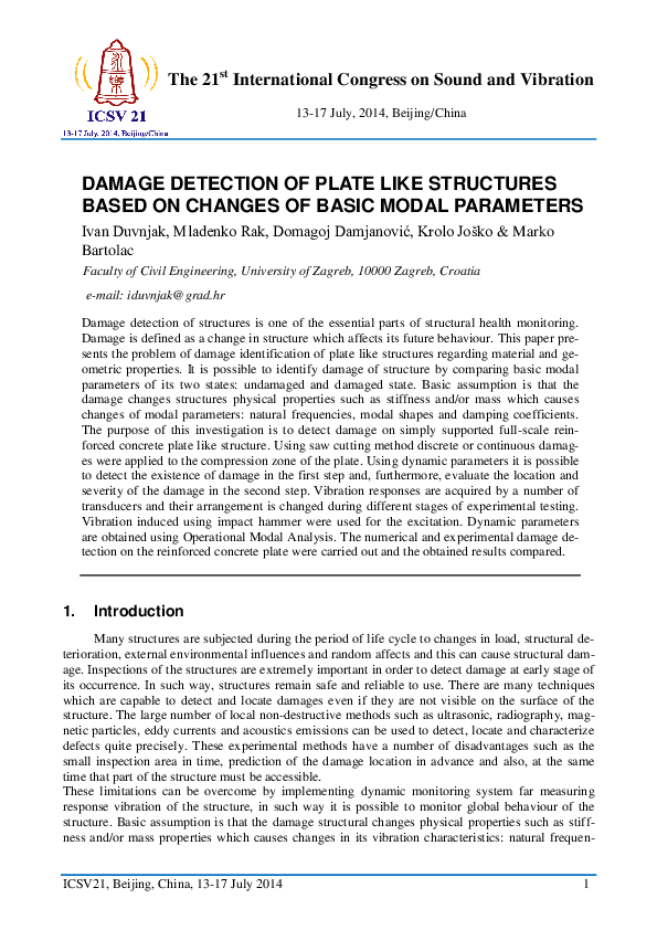 (PDF) Damage detection of plate like structures based on changes of ...