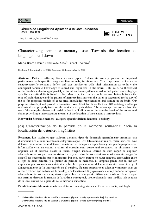 (PDF) Characterizing semantic memory loss: Towards the location of ...