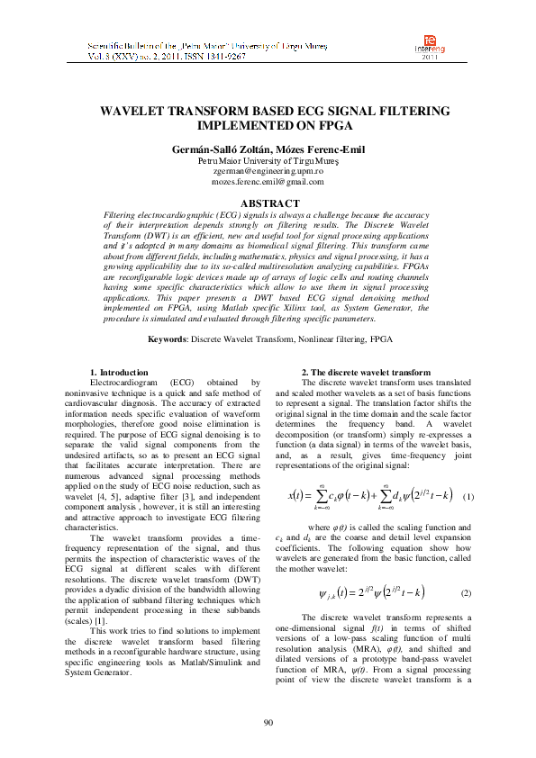 (PDF) Wavelet Transform Based Ecg Signal Filtering Implemented on Fpga