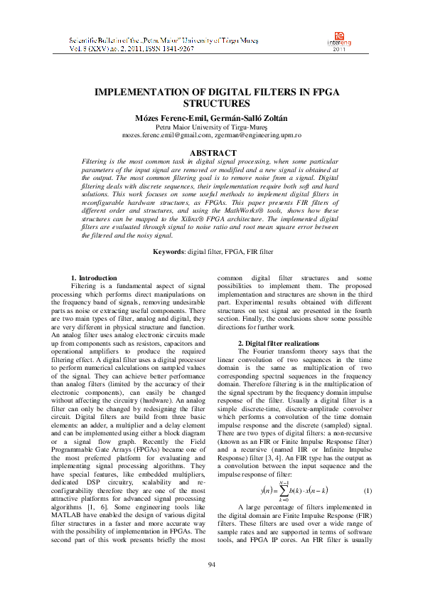 (PDF) Implementation of digital filters in FPGA structures | Zoltan ...