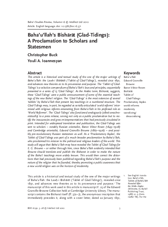 (PDF) Baha’u’llah’s Bisharat (Glad-Tidings) A Proclamation to Scholars ...