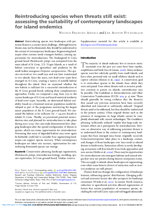 (PDF) Reintroducing species when threats still exist: assessing the ...