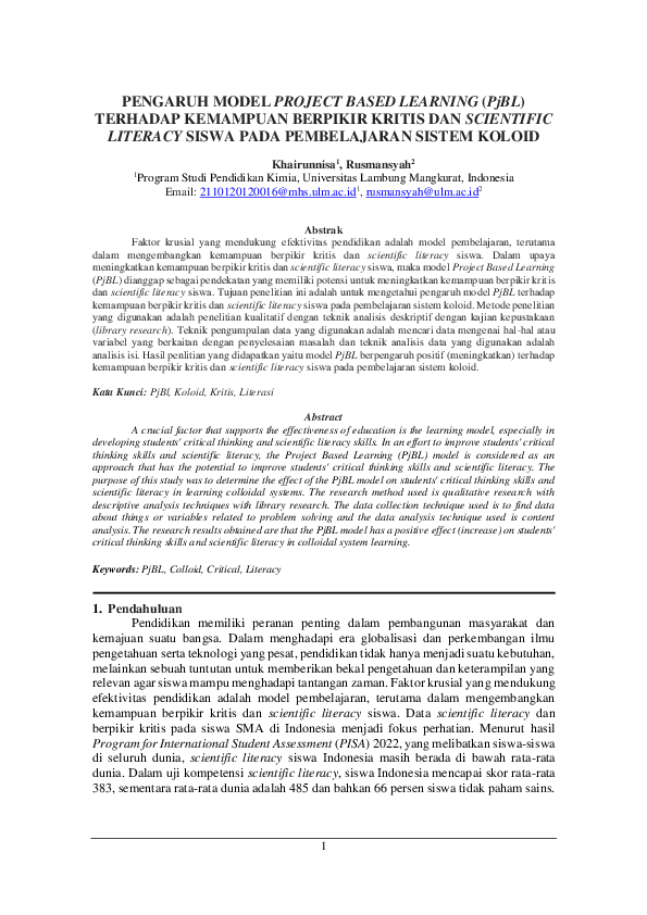 (PDF) PENGARUH MODEL PROJECT BASED LEARNING (PjBL) TERHADAP KEMAMPUAN ...