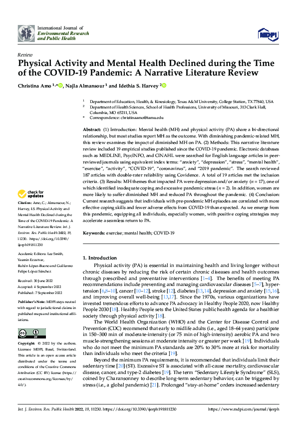 (PDF) Physical Activity and Mental Health Declined during the Time of ...