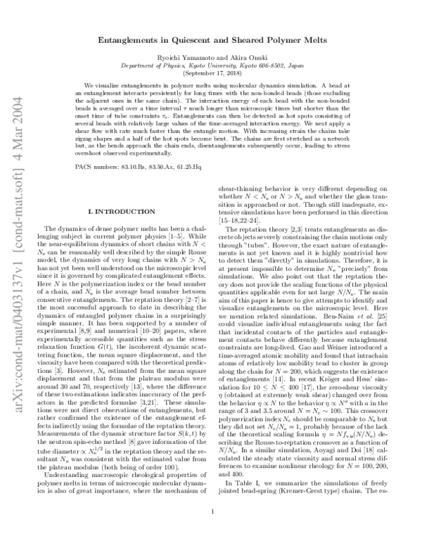 (PDF) Entanglements in quiescent and sheared polymer melts