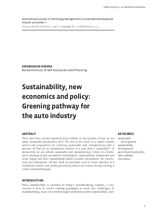Sustainability, new economics and policy: Greening pathway for the auto industry