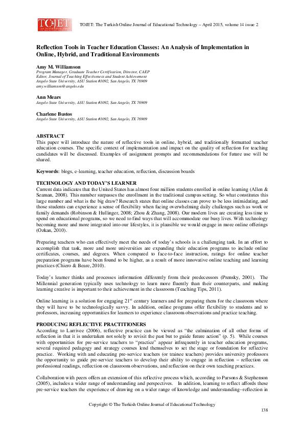 (PDF) Reflection Tools in Teacher Education Classes: An Analysis of ...