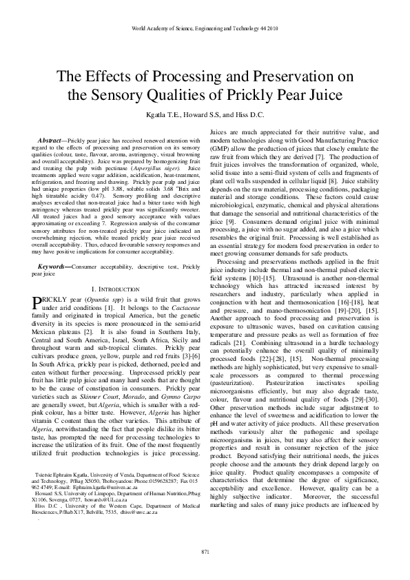 (PDF) The Effects of Processing and Preservation on the Sensory ...