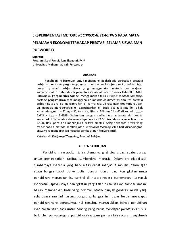 (PDF) Eksperimentasi Metode Reciprocal Teaching Pada Mata Pelajaran ...