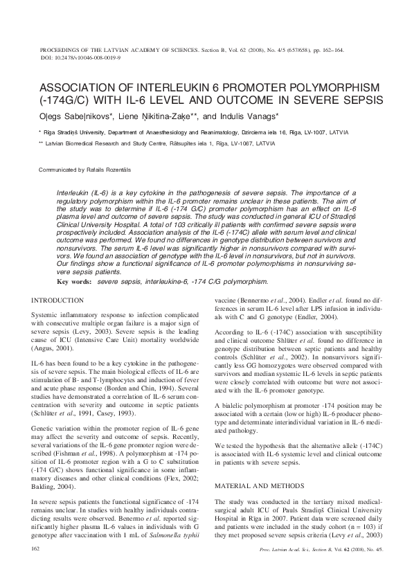 (PDF) Association of Interleukin 6 Promoter Polymorphism (-174G/C) with ...