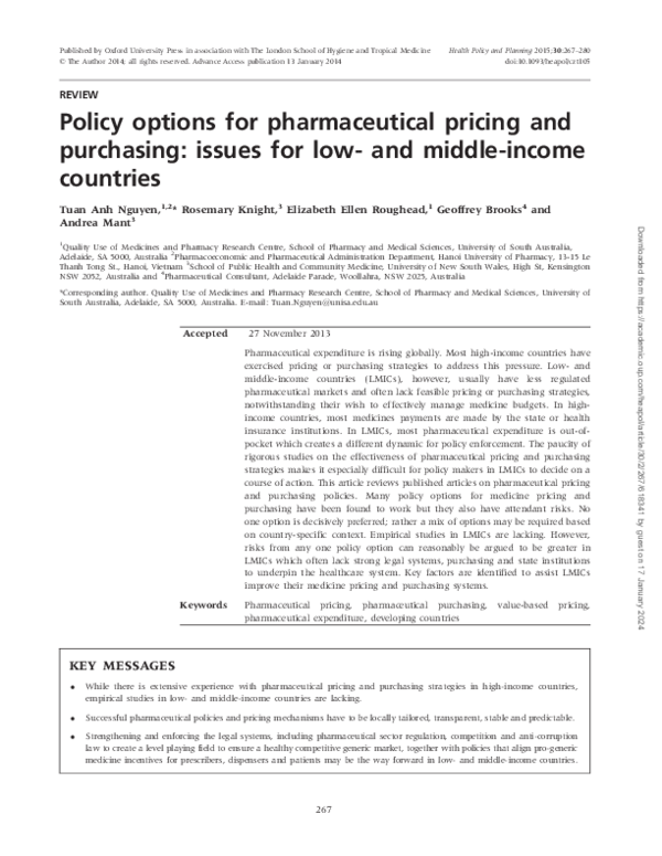 (PDF) Policy options for pharmaceutical pricing and purchasing: issues ...