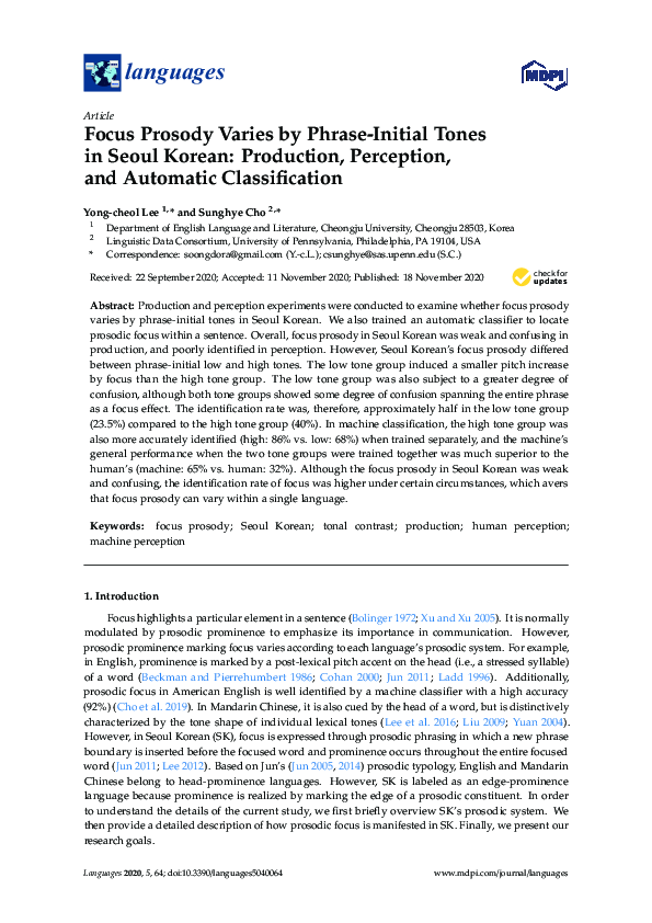 (PDF) Focus Prosody Varies by Phrase-Initial Tones in Seoul Korean ...