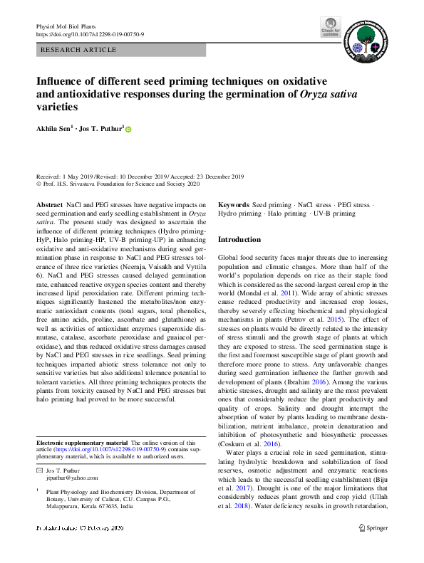 (PDF) Influence of different seed priming techniques on oxidative and ...