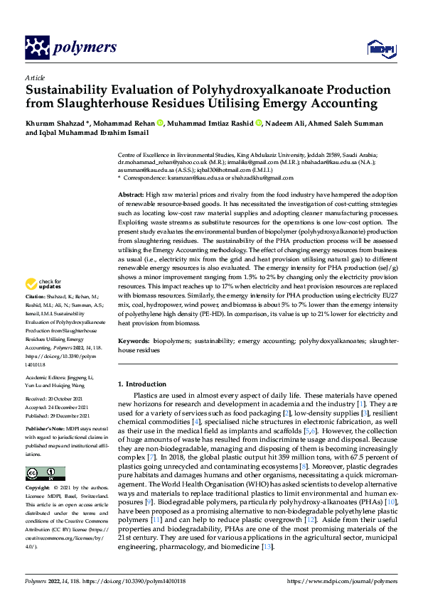 (PDF) Sustainability Evaluation of Polyhydroxyalkanoate Production from ...