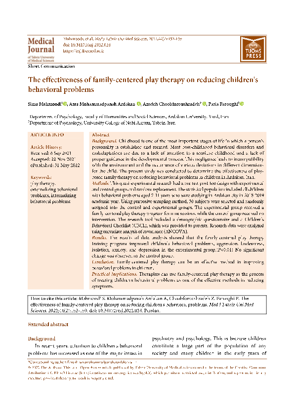 (PDF) The effectiveness of family-centered play therapy on reducing ...