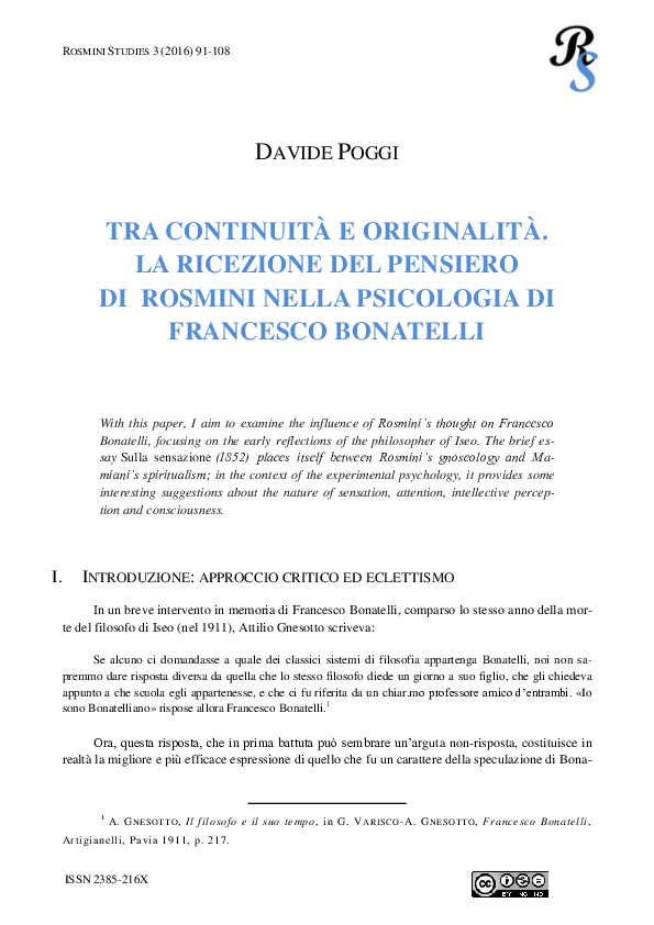 (PDF) Tra continuità e originalità. La ricezione del pensiero di