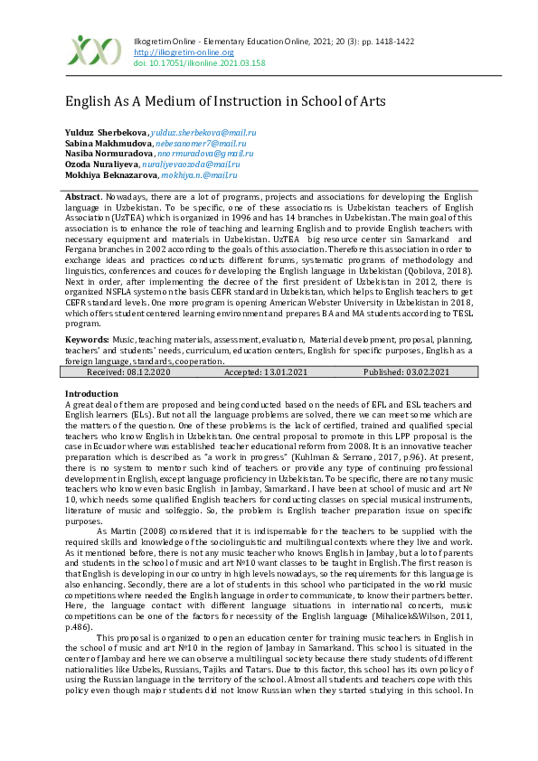 (PDF) English As A Medium of Instruction in School of Arts