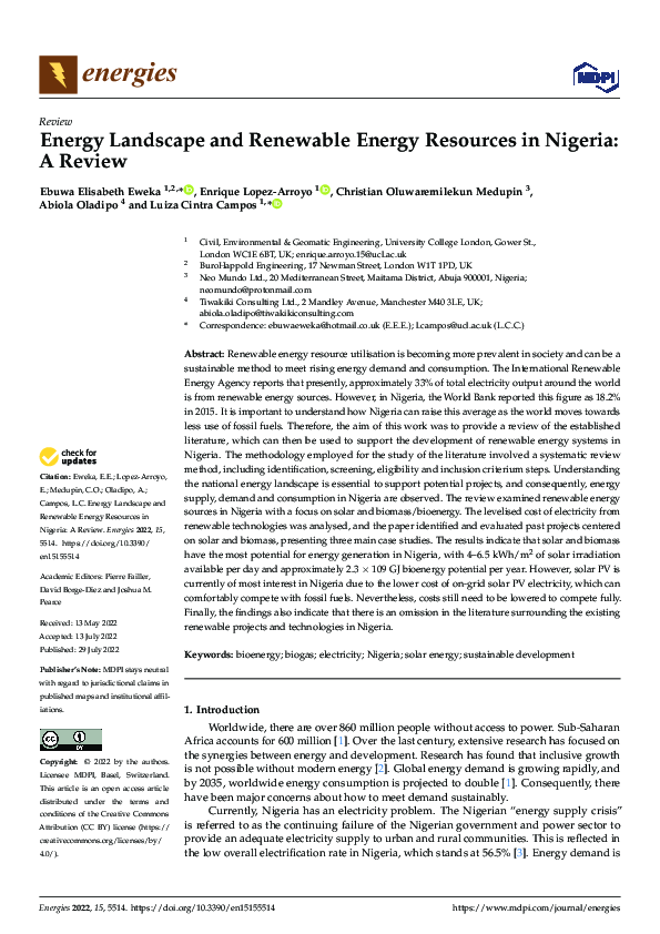 (PDF) Energy Landscape and Renewable Energy Resources in Nigeria: A Review