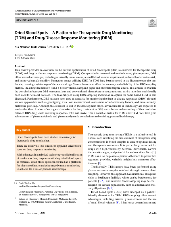(PDF) Dried Blood Spots—A Platform for Therapeutic Drug Monitoring (TDM ...