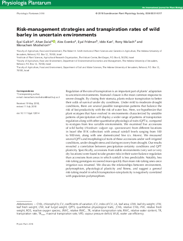 (PDF) Risk-management strategies and transpiration rates of wild barley ...
