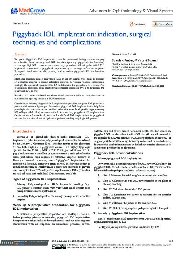 (PDF) Piggyback IOL implantation: indication, surgical techniques and ...