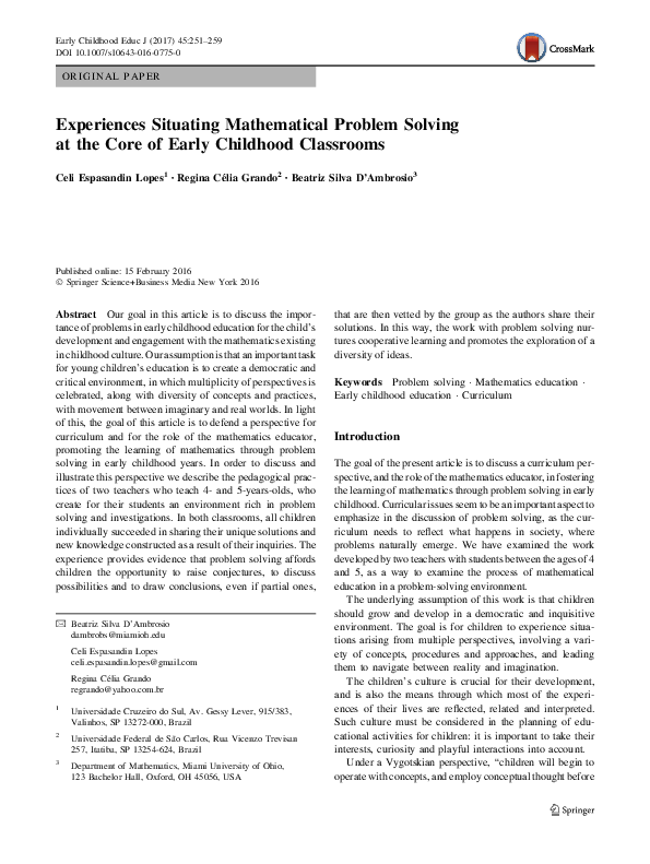 (PDF) Experiences Situating Mathematical Problem Solving at the Core of ...