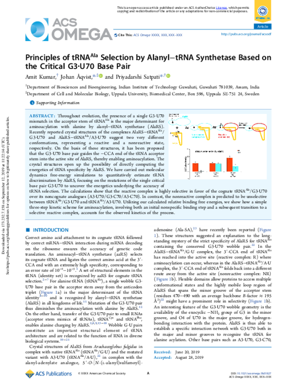 (PDF) Principles of tRNAAla Selection by Alanyl–tRNA Synthetase Based ...