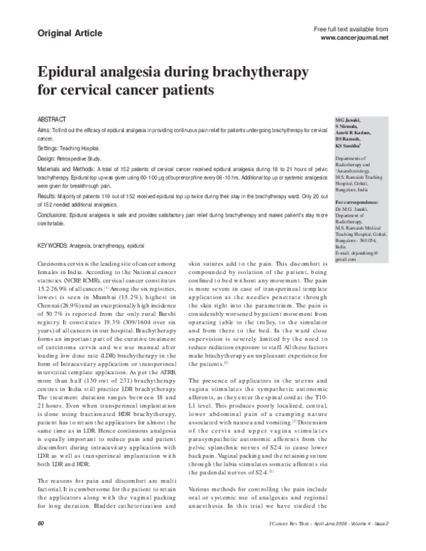 (PDF) Epidural analgesia during brachytherapy for cervical cancer patients