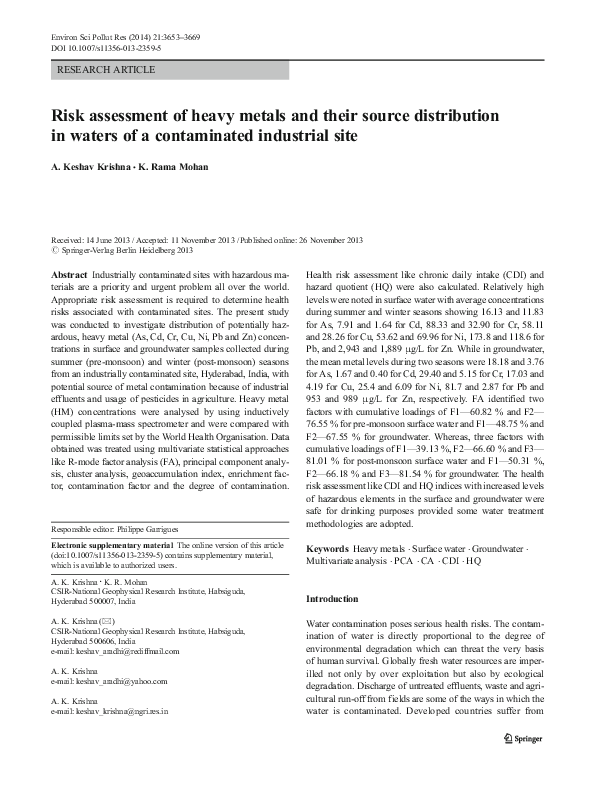 (PDF) Risk assessment of heavy metals and their source distribution in ...