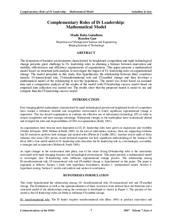 (PDF) Complementary Roles of IS Leadership: Mathematical Model