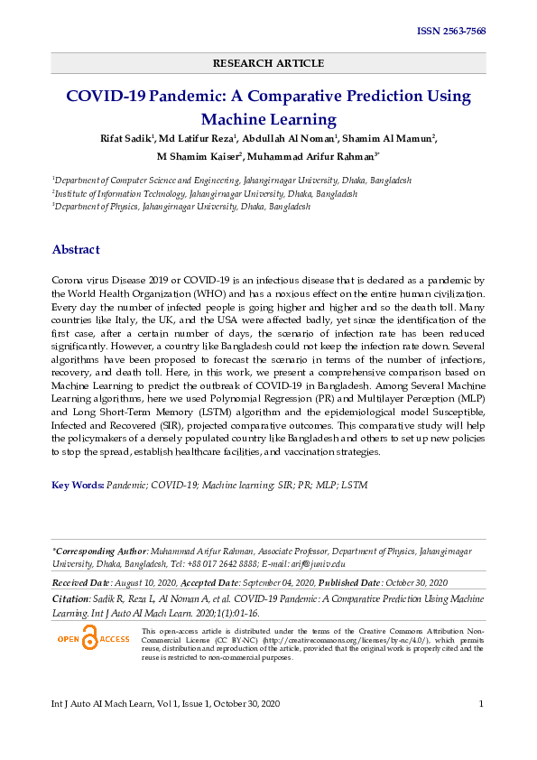 (PDF) COVID-19 Pandemic: A Comparative Prediction Using Machine ...