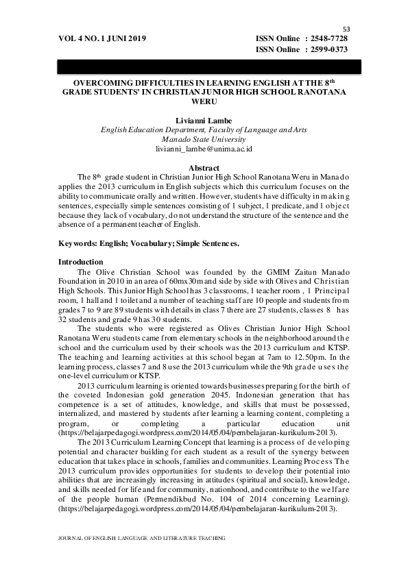 (PDF) OVERCOMING DIFFICULTIES IN LEARNING ENGLISH AT THE 8th GRADE ...