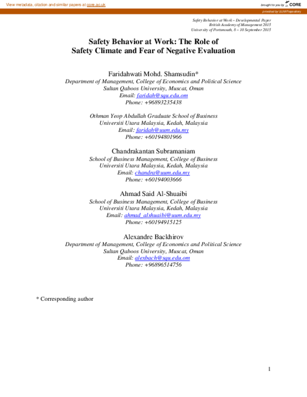 (PDF) Safety behavior at work: The role ofsafety climate and fear of ...
