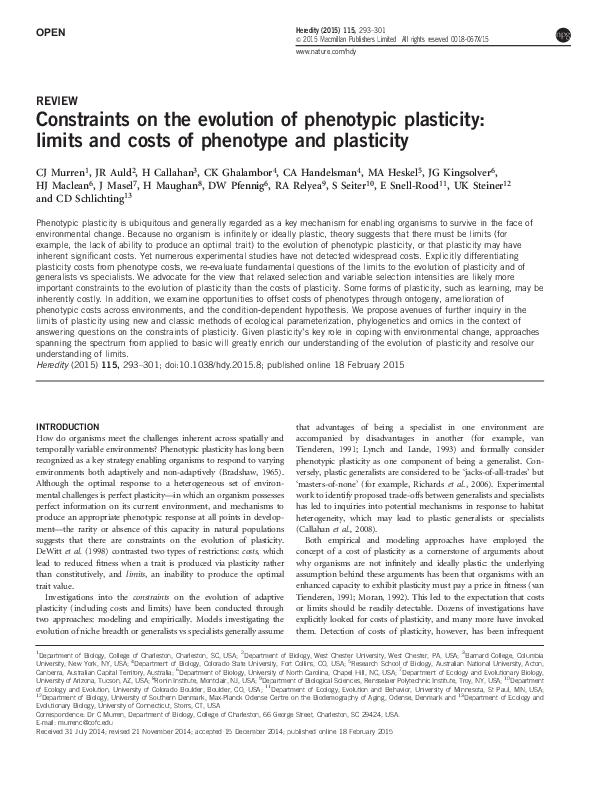 (PDF) Constraints on the evolution of phenotypic plasticity: limits and ...
