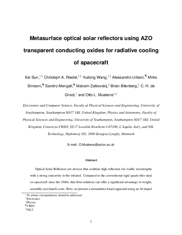 (PDF) Metasurface Optical Solar Reflectors Using AZO Transparent ...
