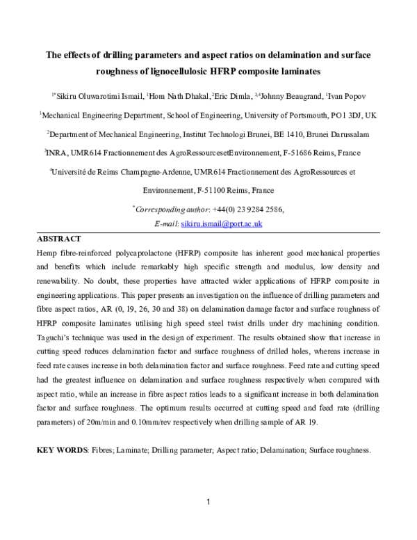 (DOC) Effects of drilling parameters and aspect ratios on delamination ...