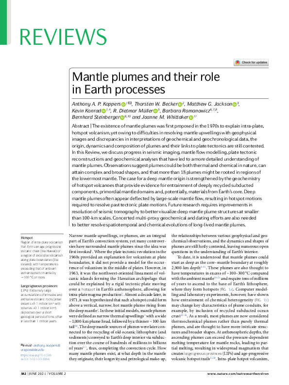 (PDF) Mantle plumes and their role in Earth processes