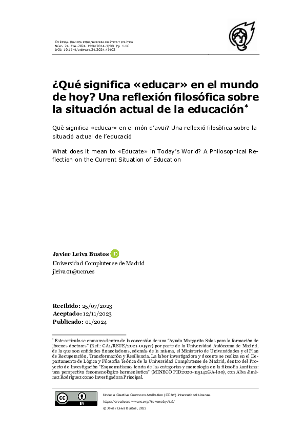(PDF) ¿Qué significa «educar» en el mundo de hoy? Una reflexión