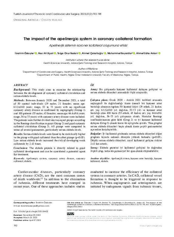 (PDF) The İmpact Of The Apelinergic System In Coronary Collateral Formation