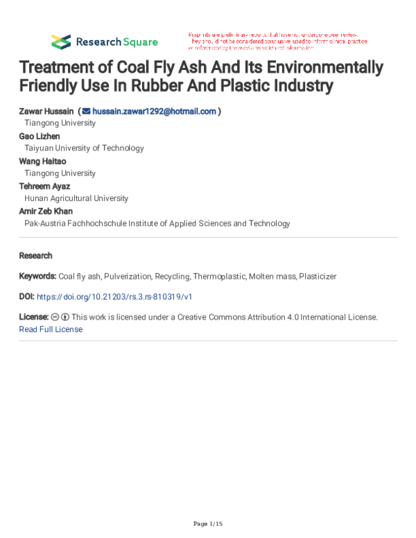 (PDF) Treatment of Coal Fly Ash And Its Environmentally Friendly Use In ...