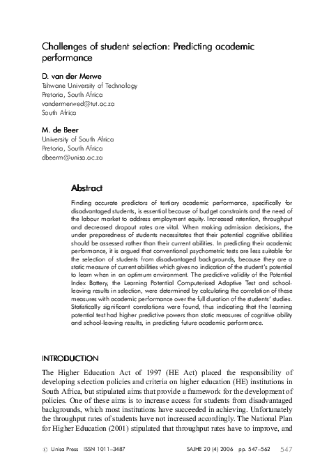 (PDF) Challenges of student selection: Predicting academic performance