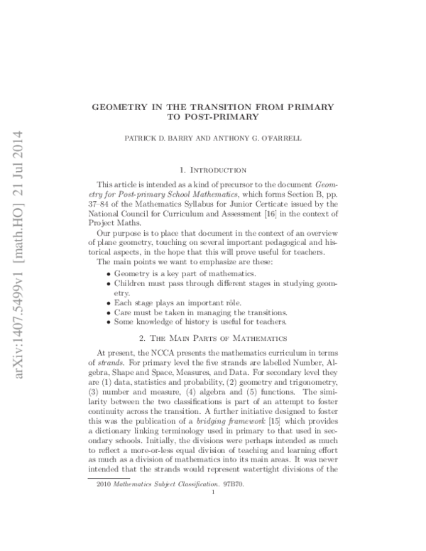 (PDF) Geometry in the Transition from Primary to Post-Primary