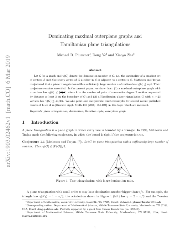 Dominating maximal outerplane graphs and Hamiltonian plane triangulations