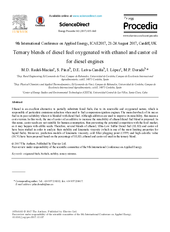 (PDF) Ternary blends of diesel fuel oxygenated with ethanol and castor ...